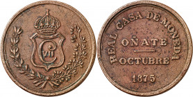 1875. Carlos VII, Pretendiente. Oñate. 5 pesetas. (AC. 20). Leves oxidaciones. Rara. CU. 35,75 g. (MBC+).