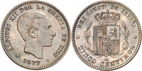 1877. Alfonso XII. Barcelona. OM. 5 céntimos. (AC. 4). Atractiva. 5,04 g. EBC.