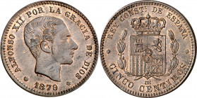 1879. Alfonso XII. Barcelona. OM. 5 céntimos. (AC. 6). Parte de brillo original. Bella. Escasa así. 4,82 g. EBC+.