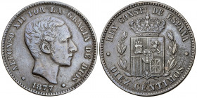 1877. Alfonso XII. Barcelona. OM. 10 céntimos. (AC. 8). 10,06 g. MBC.