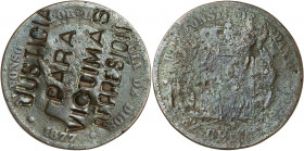1877. Alfonso XII. Barcelona. OM. 10 céntimos. Contramarca política: JUSTICIA / PARA / VICTIMAS / REPRESION. 9,41 g. BC.