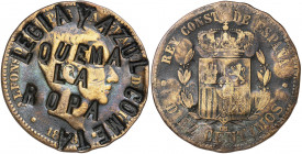 1878. Alfonso XII. Barcelona. OM. 10 céntimos. Contramarca: LEGIA Y AZUL COMETA QUEMA LA ROPA. 9,37 g. BC+.