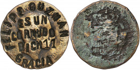 Alfonso XII. Barcelona. (OM). 10 céntimos. Contramarca: FELIPE GUZMAN / ES UN / CORNUDO / BICH 11 / GRACIA. 9,09 g. BC.