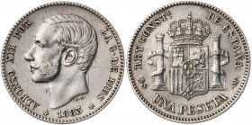 1883*1883. Alfonso XII. MSM. 1 peseta. (AC. 21). El reverso calcado en anverso. Rayitas. 4,94 g. MBC-/MBC.