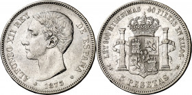 1875*1875. Alfonso XII. DEM. 5 pesetas. (AC. 35). Rayitas y golpecitos. 24,79 g. MBC-.