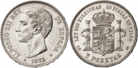 1875*1875. Alfonso XII. DEM. 5 pesetas. (AC. 35). 25,05 g. MBC/MBC+.