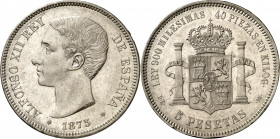 1875*1875. Alfonso XII. DEM. 5 pesetas. (AC. 35). Pabellón de la oreja rayado. Atractiva. 25 g. EBC-.