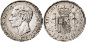 1878*1878. Alfonso XII. EMM. 5 pesetas. (AC. 41). Bonita pátina. 24,93 g. MBC+.