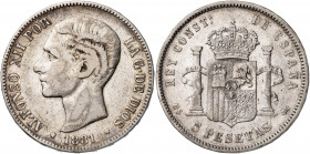 1881*1881. Alfonso XII. MSM. 5 pesetas. (AC. 44). Escasa. 24,48 g. BC+.