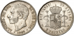 1882*1882. Alfonso XII. MSM. 5 pesetas. (AC. 51). Golpecitos en canto. 24,90 g. MBC.