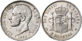 1884*1884. Alfonso XII. MSM. 5 pesetas. (AC. 57). 24,69 g. BC+.