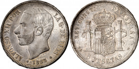 1885*1887. Alfonso XII. MSM. 5 pesetas. (AC. 62). Acuñación algo empastada. Parte de brillo original. 25,02 g. MBC+.