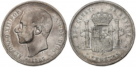1885*1887. Alfonso XII. MPM. 5 pesetas. (AC. 63). 24,70 g. BC+.
