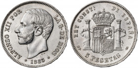 1885*1887. Alfonso XII. MPM. 5 pesetas. (AC. 63). 24,93 g. MBC-/MBC.