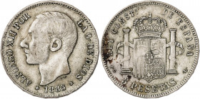 1885*1887. Alfonso XII. PGL. 5 pesetas. (Barrera 1242). Falso de época de ensayador imposible. 23,93 g. BC+.