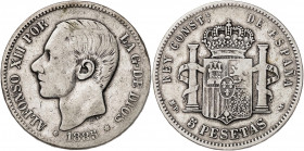 1885*-8--. Alfonso XII. MPM. 5 pesetas. (Barrera, pág. 191). Falsa de época. 25,70 g. BC.
