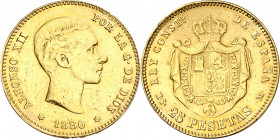 1880*1-8-. Alfonso XII. MSM. 25 pesetas. (AC. 79). Sirvió como joya. 8,04 g. (MBC-).