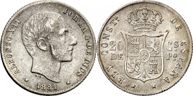 1884. Alfonso XII. Manila. 20 centavos. (AC. 110). Rayitas. Escasa. 4,99 g. MBC-/MBC.