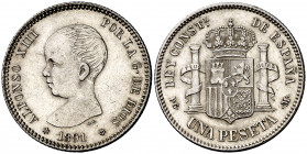 1891*1891. Alfonso XIII. PGM. 1 peseta. (Cal. 53). Buen ejemplar. Ex Áureo & Calicó 24/01/2019, nº 698. 5 g. EBC.