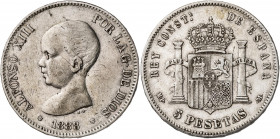 1888*1888. Alfonso XIII. MPM. 5 pesetas. (AC. 92). 24,91 g. BC+/MBC-.