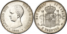1888*1888. Alfonso XIII. MPM. 5 pesetas. (AC. 92). Limpiada. Raya en reverso. 24,86 g. EBC-.