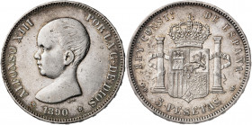 1890*1890. Alfonso XIII. PGM. 5 pesetas. (AC. 97). Bonita pátina. 24,93 g. BC+/MBC-.