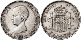 1891*1891. Alfonso XIII. PGM. 5 pesetas. (AC. 98). Hojita. 24,89 g. MBC-.
