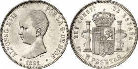 1891*1891. Alfonso XIII. PGM. 5 pesetas. (AC. 98). 25,17 g. MBC/MBC+.