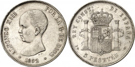 1892*1892. Alfonso XIII. PGM. 5 pesetas. (AC. 99). Tipo "pelón". 24,78 g. MBC/MBC+.