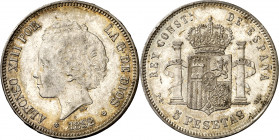 1892*1892. Alfonso XIII. PGM. 5 pesetas. (AC. 100). Tipo "bucles". Leves marquitas. Precioso pátina. Escasa así. 24,93 g. EBC-/EBC.