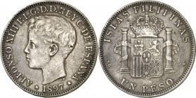 1897. Alfonso XIII. Manila. SGV. 1 peso. (AC. 122). Leves rayitas. Pátina. Escasa. 25,11 g. MBC.