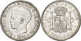 1895. Alfonso XIII. Puerto Rico. PGV. 1 peso. (AC. 128). Golpes y rayitas. Rara. 24,82 g. BC+.