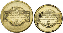 Barcelona. Unión Cooperatista Barcelonesa "El Reloj y la Dignidad". 5 y 10 céntimos. (AL. 942 y 943). 2 monedas. MBC-/MBC.