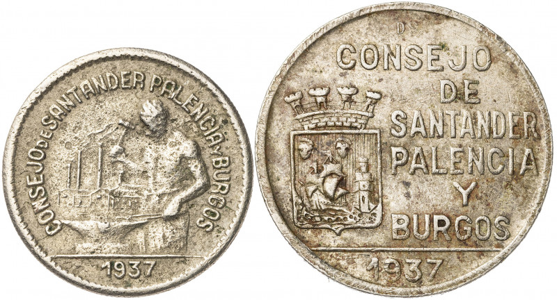 1937. Santander, Palencia y Burgos. 50 céntimos y 1 peseta. (AC. 34 y 35). 2 mon...