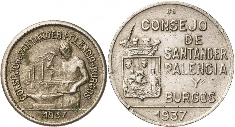 1937. Santander, Palencia y Burgos. 50 céntimos y 1 peseta. (AC. 34 y 35). 2 mon...