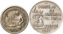 1937. Santander, Palencia y Burgos. 50 céntimos y 1 peseta. (AC. 34 y 35). 2 monedas, serie completa. Los 50 céntimos PJR. MBC-/MBC.