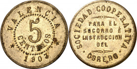 1903. Valencia. Sociedad Cooperativa para el Socorro e Instrucción del Obrero. 5 céntimos. 6,37 g. EBC-.
