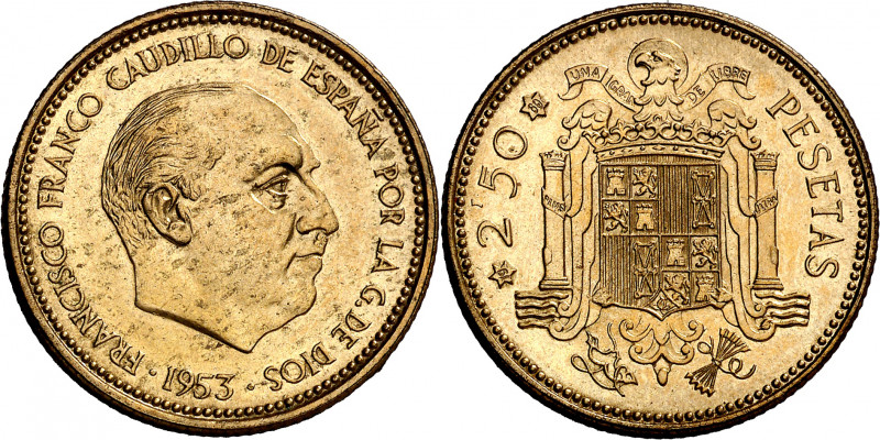 1953*1969. Franco. 2,50 pesetas. (AC. 88). Rara. 7,18 g. Proof.