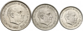 1957. Franco. BA (Barcelona). 5, 25 y 50 pesetas. (AC. 154 a 156). I Exposición Iberoamericana de Numismática y Medallística. 3 monedas, serie complet...