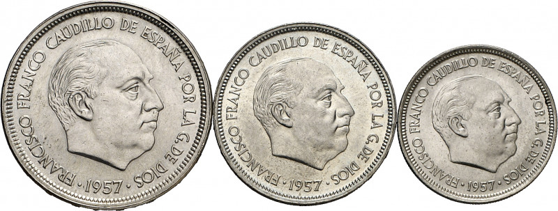 1957. Franco. BA (Barcelona). 5, 25 y 50 pesetas. (AC. 154 a 156). I Exposición ...