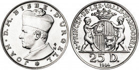 Andorra. 1984. 25 diners. (Kr. 18). Joan, bisbe d'Urgell. En estuche oficial, con certificado nº 03040. AG. S/C.