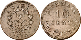 Bélgica. Amberes, bajo ocupación francesa. 1814. R. 10 céntimos. (Kr. 7.2). Moneda obsidional. Marcas de ajuste en ambas caras. Ex Áureo 26/09/2007, n...