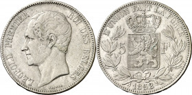 Bélgica. 1852/1. Leopoldo I. 5 francos. (Kr. 17). AG. 24,76 g. MBC.