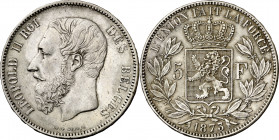 Bélgica. 1873. Leopoldo II. 5 francos. (Kr. 24). AG. 24,92 g. MBC+.