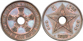 Congo belga. 1888/7. Leopoldo II. 5 céntimos. (Kr. 3). Bella. Precioso color. Escasa así. CU. 10,06 g. EBC+.