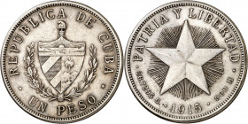 Cuba. 1915. 1 peso. (Kr. 15.1). Leves golpecitos. AG. 26,63 g. MBC+.