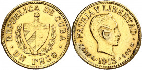 Cuba. 1915. 1 peso. (Fr. 7) (Kr. 16). Sirvió como joya. AU. 1,65 g. (MBC-).