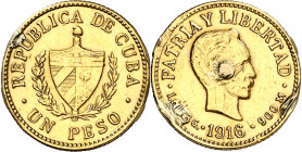 Cuba. 1916. 1 peso. (Fr. 7) (Kr. 16). Sirvió como joya. AU. 1,65 g. (MBC-).