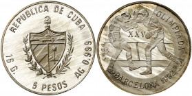 Cuba. 1989. 5 pesos. (Kr. 224.1). Olimpiada Barcelona 1992. Boxeo. AG. 16 g. Proof.