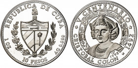 Cuba. 1990. 10 pesos. (Kr. 265). V Centenario - Cristóbal Colón. Acuñación de 5000 ejemplares. AG. 31,06 g. Proof.